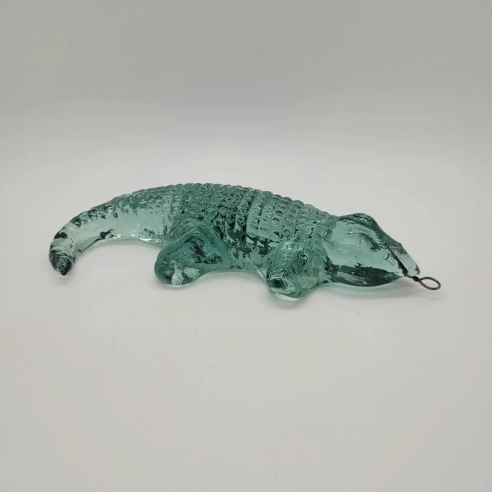 Vintage Art Glass Alligator Figurine Teal Green Textured Crocodile Ornament 6.5